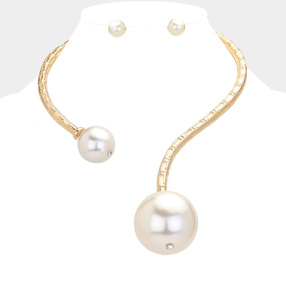 Gold Cream Pearl Chunky Choker Necklace Set Big Large Pendant Jewelry Collar